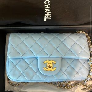 CHANEL Blue Quilted Shoulder Bag with Gold CC Closure